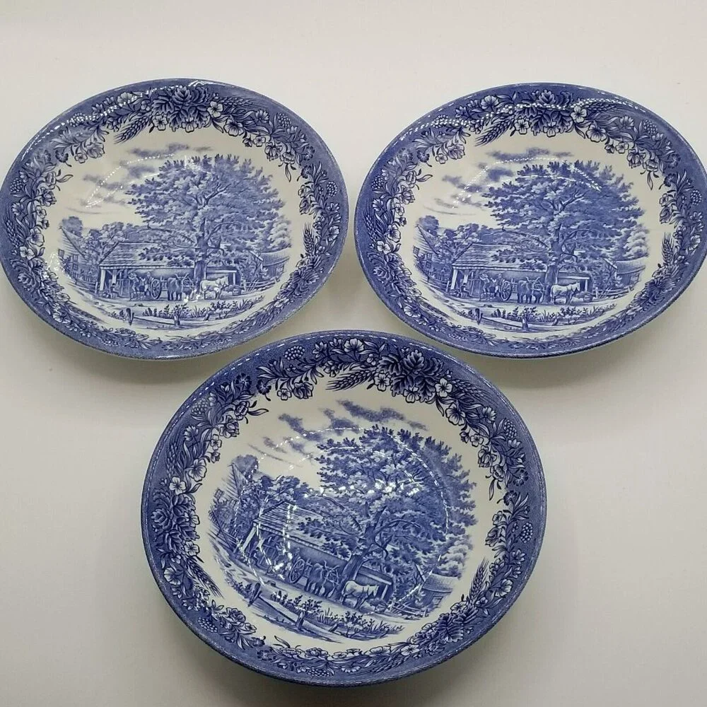 Lot Of 3 Churchill England Soup Bowls 7.75” Farm Scene‎ Horse Oxen Blue Floral